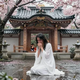 a crying woman in a white gown kneeling at a beautiful shrine under a cherry blossom tree, rainy wet, ultradetailed, hd 8 k, illustration, aaron horkey