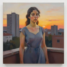 small figure of spanish woman on background of sunset in plattenbau city hyperrealism masterpiece