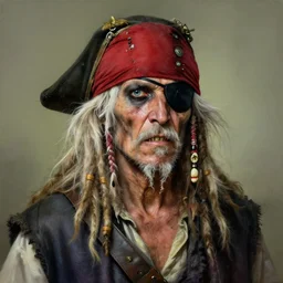 portrait of a white hair very old and rugged, dirty very skinny pirate with long white dreadlock hair, crooked teeth, wearing a red headband and black hat, eyepatch, very detailed painting featured in artstation, concept art by Greg Rutkowski, WLOP, Dan Mumford, Christophe Vacher