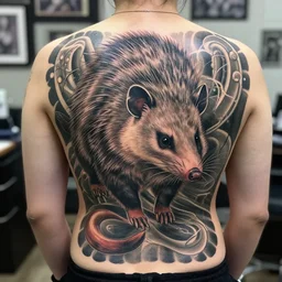 elaborate full - back irezumi tattoo of an opossum, tattoo parlor photo, realistic and coherent