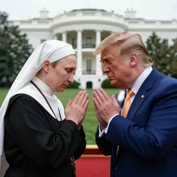 photorealistic 8 k image of ( ( putin ) ) and ( ( trump ) ) as nuns praying for god together, in the white house, fully detailed