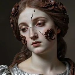 hyperrealism close - up mythological portrait of a medieval woman's shattered face partially made of сhocolate colour flowers in style of classicism, pale skin, wearing silver dress, dark and dull palette