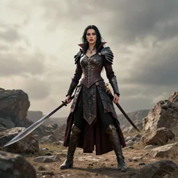 photo of a real-life beautiful female vampire warrior,  wide angle shot
