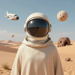 acentered illustration of a person with a cloak with an astronaut vintage helmet, space ship rotten, volumetric, desert, sci fi, awesome scheme, art by jean giraud and moebius