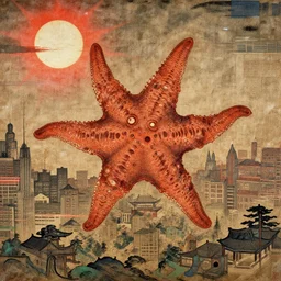 a goryeo era buddhist painting of a kaiju starfish creature, monster over cityscape, sun burning through the paper, glitchy compression, mirror flare