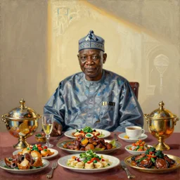 president muhammadu buhari sitted at a lavish banquet with shiny trays and dishes with food minimalist solid background the great feast regal ornamental, iridescent in the style of edward hooper and henri matisse oil painting