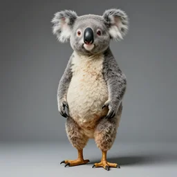 a man with a human head, lizard arms, koala body, and chicken legs, fashion photography