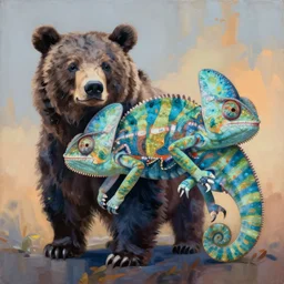 painting of hybrid between bear & chameleon, intercrossed animal, by zdzislaw beksinski, by lewis jones, by mattias adolfsson, by tiffany bozic, cold hue's, warm tone gradient background, concept art, beautiful composition, digital painting