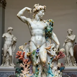 beautiful intricate colourful marble liquid sculpture woman portrait by michelangelo buonarroti and by gian lorenzo bernini, colour splashes corals vegetation