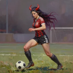 A realistic hyperdetailed multi-colored digital oil portrait painting of a succubus playing soccer in the style of Guy Denning, Ruan Jia, and Craig Mullins. Trending on ArtStation and DeviantArt. CGSociety Digital art.