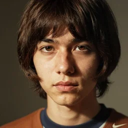 closeup headshot photo of the person with seventies bowlcut and nike shirt, detailed face details