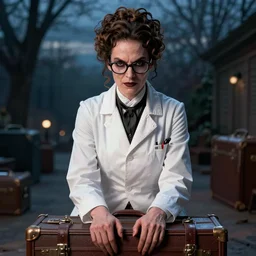 close detail portrait kate beckinsale as 18 century doctor in glasses, female, elegant, in suitcase, digital fantasy art, hands straight down, evil eyes, insane,  under light, at late evening by greg rutkowski and thomas kinkade, Trending on artstation