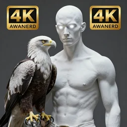 a men with fully white skin and white glowing eyes holding a while eagle in his arm, hyperrealistic, 4 k, unreal engine, highly detailed, dramatic lighting, beautiful, award winning photograph