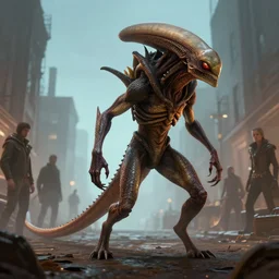 highly detailed portrait of a reptilian alien stalking through an urban neighbourhood at night, scales and fur, long thick lizard tail, by atey ghailan, by greg rutkowski, by greg tocchini, by james gilleard, by joe fenton, by kaethe butcher, gradient light blue, brown, cinematic lighting and epic composition, menacing vibe,