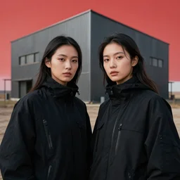 closeup photographic portrait of 2 clones in front of a brutalist metal building, 2 techwear women, on a desolate plain, red sky, black oversized clothes, sigma 8 5 mm f / 1. 4, 4 k, depth of field, 8 k, high resolution, hd, full color