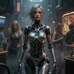 ultra realistic, beautiful female cyborg in a crowded smoky cyberpunk club in space megalopolis, sci-fi, intricate details, eerie, highly detailed, octane render, 8k, art by artgerm and alphonse mucha and greg rutkowski