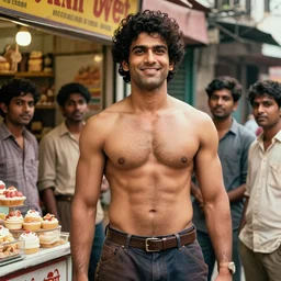 an indian 3 5 lean mascular funny man 6 feet 3 height, curled hair with sarcastic smile standing standing beside an indian sweet shop with his 3 buddies, in the year 1 9 6 0's calcutta, in the style of norman rockwell leader like attitude,, highyly determined face, clean shaved face trending on artstation, comic book character, intricate detail, eagled nose, lighting, cinematic lighting, low angle