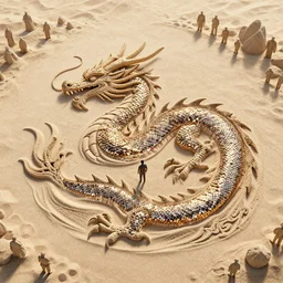 dragon with big sequins and engraved on sand, art staton, octane render, 4 k, 8 k, colony, man standing