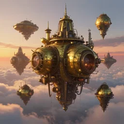 Giant steampunk brass habitats floating above the clouds at sunset, digital concept art painting by greg rutkowsky, trending on artstation