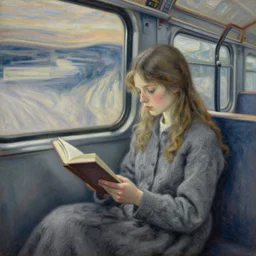 illustration of a reading girl on the train, canvas, oil paint, ultra - wide angle, insanely detailed and intricate, hypermaximalist, elegant, ornate, hyper realistic, super detailed, gray, quiet, peace, artwork by edvard munch. - c 7 - n 4 - s 5 0 - w 1 0 2 4 - h 1 0 2 4