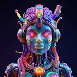 a irisdiscent glass statue of a steampunk maya futuristic robot head wearing brain sensors with multicolored tubes and a headset, 8 k, front shot, symetrical, flourescent colors, halluzinogenic, multicolored, insanely detailed, front shot, 3 d render, octane