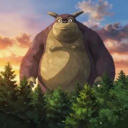 giant monster rising from a forest. view from tree tops, 4 k, artgerm, high detail, dramatic lighting, sunset, hayao miyazaki, masashi ando, nizou yamamoto, kazuo oga, joe hisaishi, yoji takeshige, naoya tanaka