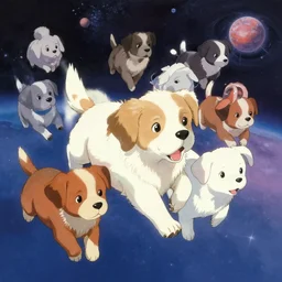 puppies flying through space, anime show, painted, detailed