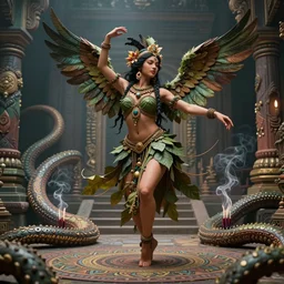 an immaculate render of a dancing tribal goddess adorned with leaves and cables and bird wings, dancing in a temple surrounded by wild tentacles made from mandalas and incense smoke, full body, perfect face, powerful, cinematic, beautifully lit, by artgerm, by alphonse mucha, by android jones, 3 d, trending on artstation, octane render, 8 k