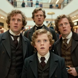 sharp, highly detailed, high quality 70mm frame scan from a sci fi blockbuster color movie made in 2019, a family of four time travelers from 1860 travel in time to 2019, appearing in a shopping mall, looking surprised, the family are all wearing 1860s era clothes, good lighting, in focus, cinematic still, high quality scan, in focus, 35mm macro lens, detailed eyes, realistic faces and details, oscar winner, award winning lighting, award winning photography, ultra high definition
