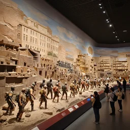 megalophobia!!!!! photo of an exhibit museum room, people taking photos to a huge realistic tri - dimensional brutalist diorama depicting the full history of humanity, national art museum, scientific, ethereal, rule of thirds