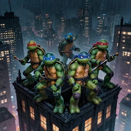 a stormy, vaporwave, long shot of the four teenage mutant ninja turtles on top of a buidling in New York, night time.