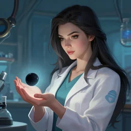 a league of legends concept art of a beautiful young female scientist in a laboratory holding at a small black hole in her hand, style by jordan grimmer and greg rutkowski, a close - up shot, elegant, sharp focus, morandi color scheme, illustration, high quality, highly detailed, long hair, digital art, 4 k wallpaper