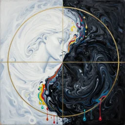 an hyper intricate oil painting of white day and black night intertwining, day and night fighting in a circle, golden ratio, fluid acrylic art, melting colorful wax drips, colorful, high contrast, dark dominant colors