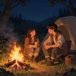 guy and girl sitting beside cosy campfire at night, fantasy, hd 4k digital art, very detailed