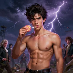masterpiece portrait of a ( ( ( candy ) ) ), ( ( guapo joven musculso portugues principe machote sin camisa ) ), tormenta y magia, relampagos, concept character, by greg rutowski and tezuka and oi and mucha and bierstadt and remington, trending on artstation
