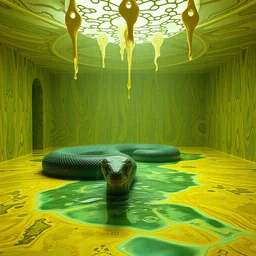 a room of oil, water caustics, the giant snake is inside, insanity, film still from the movie directed by denis villeneuve and david cronenberg with art direction by salvador dali and dr. seuss