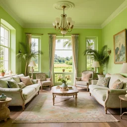 Shabby-chic style room with distressed furniture and pastel colors, pleasant interior design, lime green colors, Tropical interior lighting, rural view, pleasant design, messy, style of Elizabethan, 4k, wide perspective, grand composition, concept art, highly detailed, sublime, dramatic, cinematic, octane
