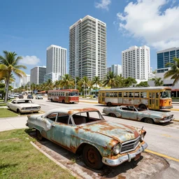 wide angle shot of dilapidated fallout 5 miami, tropical coastal city, desolate, dilapidated, some rusted retro futuristic vintage parked vehicles like cars, buses, trucks, trams, sunny weather, few clouds, volumetric lighting, photorealistic, daytime, spring, sharp focus, ultra detailed, technicolour 1