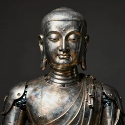 a close - up studio portrait of a robotic metal buddhist monk statue. art photography by annie leibovitz