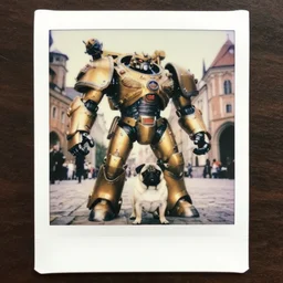 ! epic pose!!! armored cyborg warmachine battle pugl superdog, in legnica centrel, full body, cinematic focus, polaroid photo, vintage, neutral dull colors, soft lights, by oleg oprisco, by thomas peschak, by discovery channel, by victor enrich, by gregory crewdson