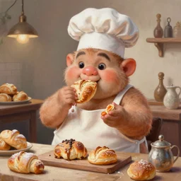 a very cute painting, adorable very short fat obese kobold baker wearing an apron eating a few unsold pastries at the end of the day, intricate, highly detailed, artstation, concept art, smooth, sharp focus, colorful scene, art by artgerm and greg rutkowski and wlop