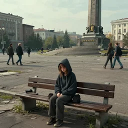 storyboard : sadie sink in hoodie sat down on bench in ruined square, pedestrians walk by, old soviet monument nearby. scifi cyberpunk. by gabriel hardman. cinematic atmosphere, detailed and intricate, perfect anatomy