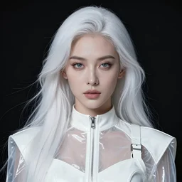 portrait of a woman wearing shiny white transparent leather suit, english face, refined features, moon goddess, long snow - white hair by jean gerome, edward hopper and james jean, hyper detail, 8 k, high resolution, ultra detailed