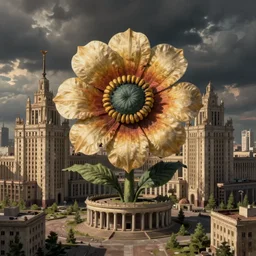 giant grotesque flower in the middle of abandoned early soviet constructivist cityscape, Stalinist architecture, ultradetailed by Hayao Miyazaki and Josan Gonzalez and Makoto Shinkai and Giuseppe Arcimboldo and Wes Anderson