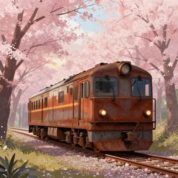 a rusty train in a forest of cherry blossoms, magic hour, digital illustration, by pete mohrbacher