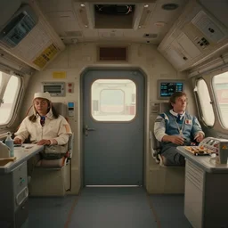 movie still frame, a spaceship interior, beautiful composition in wes anderson style, 8 k