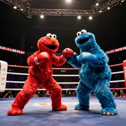 scared elmo boxing cookie monster, muay thai match in lumpinee boxing stadium, film still from the movie, wide lens