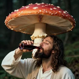 jesus drinking wine beneath the cap of a giant amanita muscaria mushroom