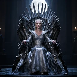 pale queen sitting on the iron throne from game of thrones inside a dark throne room filled with moonlight