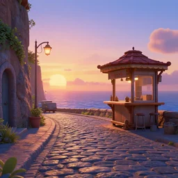 epic professional digital art of a lonely cobblestone street with a kiosk on a cliff over the sea at sunset, highly detailed, pixar movie, in the style of toy story, trending at artstation